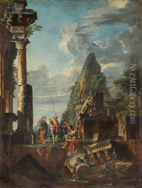 Capriccio Mit Romischen Ruinen, Pyramide Und Apostel Oil Painting - Giovanni Paolo Panini