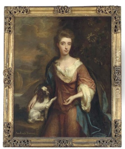 Portrait Of Anne, Lady Trevor In A Pink Dress With Blue Cloak, Her Right Hand Resting On A King Charles Spaniel, A Wooded River Landscape With A Castle Beyond Oil Painting - Thomas Murray