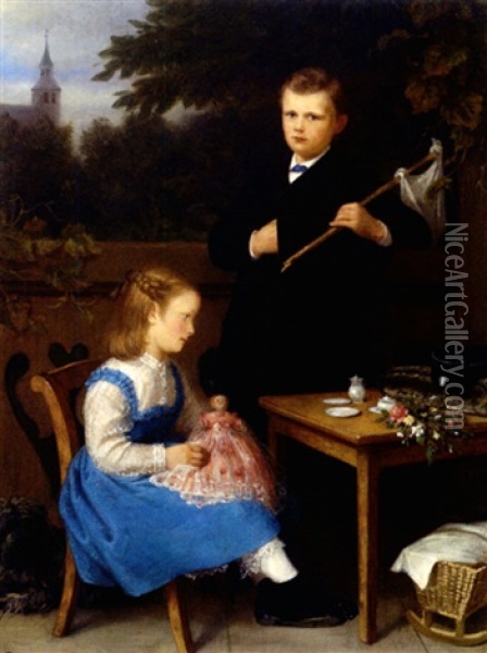 Portrait Eines Geschwisterpaares Auf Der Veranda Oil Painting - Emil Teschendorff