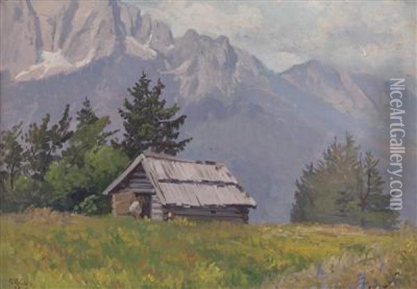 Mountain Hut On The Waucha Alm, Krain Oil Painting - Georg Holub