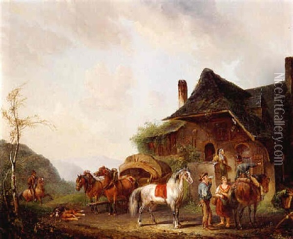 Horsemen And Travellers Outside An Inn Oil Painting - Pieter Frederick Van Os