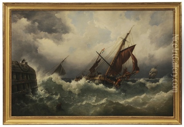 Dutch Vessels In Rough Seas Off The End Of A Quay Oil Painting - Richard Brydges Beechey