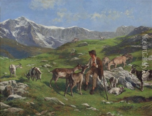 Ziegenhirten Auf Der Alm Oil Painting - Rudolf-Alfred Jaumann