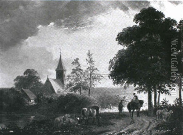 Landschaft Mit Einer Kirche Und Zwei Personen Im Gesprach Oil Painting - Jan van Os
