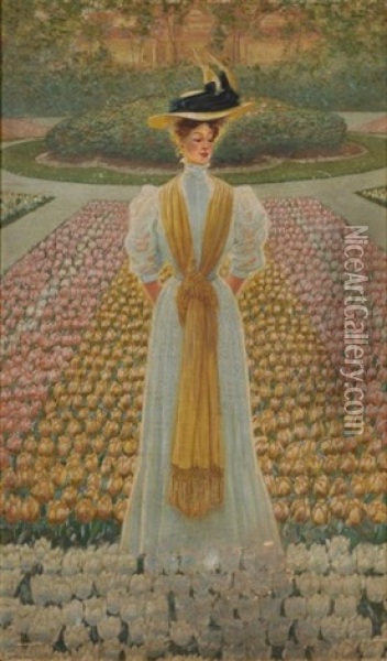 Edwardian Lady In A Bed Of Tulips Oil Painting - Louis John Rhead