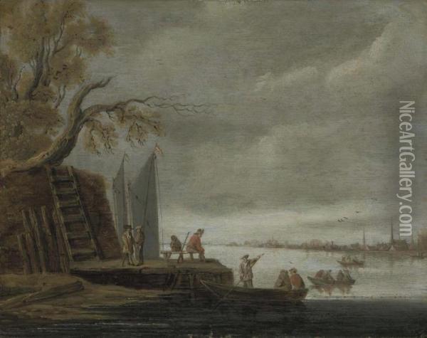 A Wooded River Landscape With 
Figures On A Jetty And Boats Crossing The River, A Town Beyond Oil Painting - Jan van Goyen