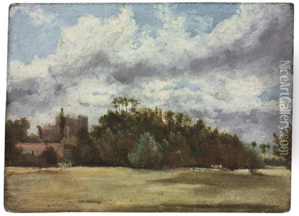 A Wooded Landscape With Cattle, Buildings To The Left Oil Painting - John Constable