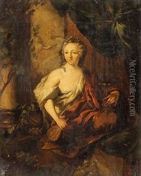 A Woman, en deshabill, holding a Carafe and a Goblet, sitting on a partially draped Balcony Oil Painting - Ottmar, the Younger Elliger