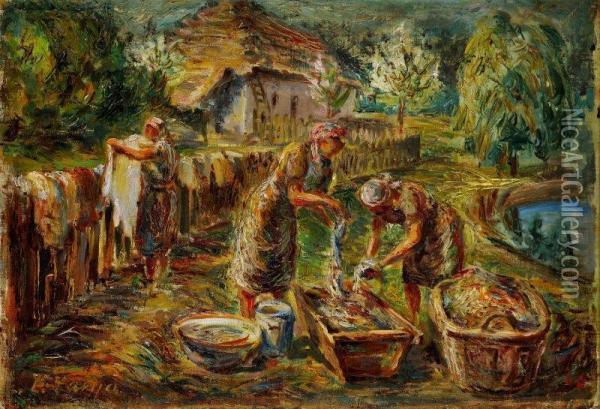 Pracky (vesanie Pradla) Oil Painting - Varga Ludovit