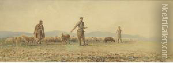 Shepherds With Their Sheep Oil Painting - Emilios Prosalentis