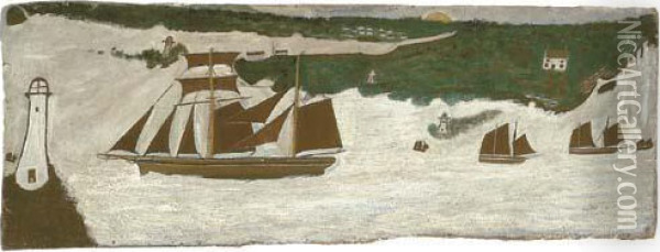 Schooner Passing A Lighthouse Oil Painting - Alfred Wallis