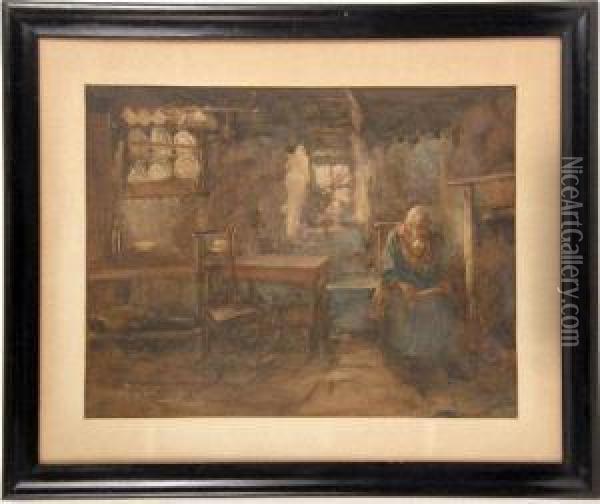 Depicting An Interior Scene With A Woman By A Fireplace Oil Painting - John Shirreffs