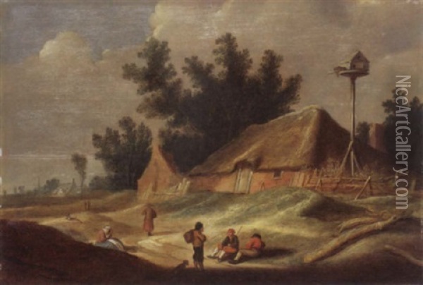Weg Mit Lagernden Bauern Vor Stroh Gedecktem Haus Mit Taubenschlag Oil Painting - Pieter de Neyn