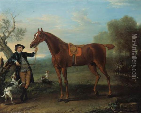 Squirrel, A Thoroughbred 
Chestnut Hunter Held By A Groom, In Anextensive Wooded Landscape Oil Painting - John Wootton