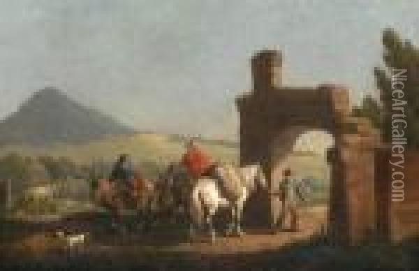 Paesaggio Con Cavalieri Dinanzi Alle Rovine Di Una Porta In Pietra Oil Painting - Joseph Swebach-Desfontaines