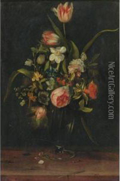 Still Life Of Roses, Tulips, Narcissus And Other Flowers In Aglass Vase Oil Painting - Frans Ykens
