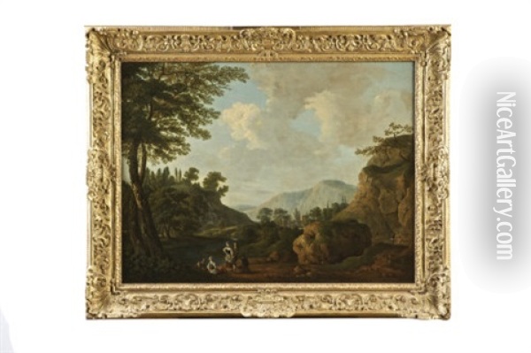 Rocky River Landscape With Figures Oil Painting - George Barret