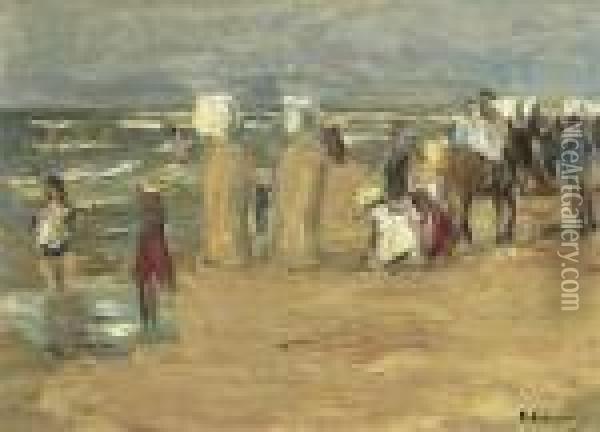 Badestrand In Scheveningen Mit Reitesel, Strandkorben Und Spielenden Kindern. 1899. Oil Painting - Max Liebermann