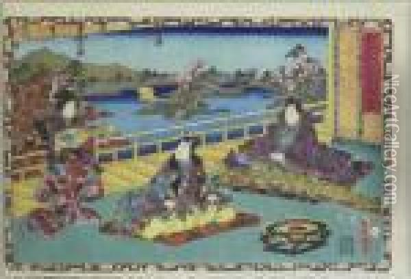 Prinz Genji Lauscht Einem Konzert Von Biwa Und Koto. Japan Oil Painting - Kunisada