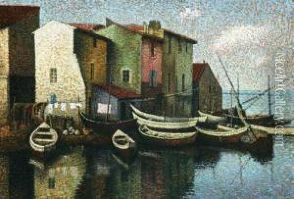 Moored Boats And Village 1943 Oil Painting - Arthur Segal
