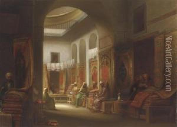 Inside The Carpet Bazaar Oil Painting - George Henry Hall