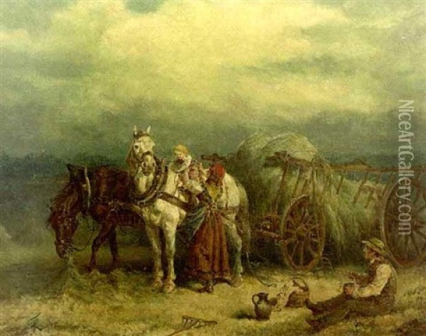 Landscape With Hay Wagon And Figures Oil Painting - Friedrich Kaiser