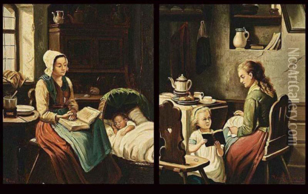 Mother With Child In A Dutch Interior, Teatime, A Pair Oil Painting - Burgers Hein