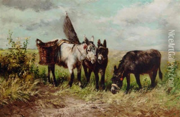 Three Donkeys In An Extensive Landscape Oil Painting - Henry Schouten