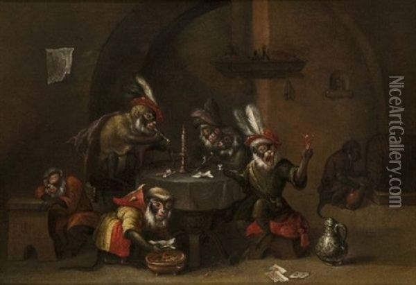 Reunion De Singes Dans Une Taverne Oil Painting - Ferdinand van Kessel