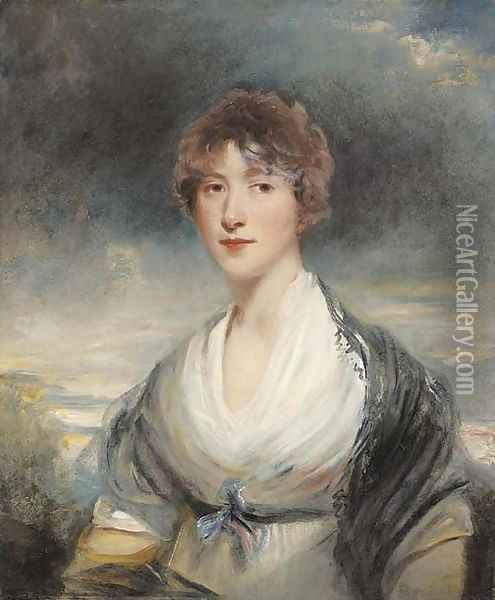 Portrait of Lady Barbara Ashley-Cooper, half-length, in a white dress and black shawl, in a landscape Oil Painting - John Hoppner