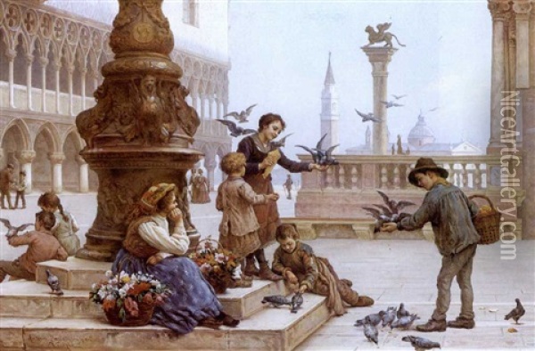 Feeding The Pigeons Oil Painting - Antonio Ermolao Paoletti