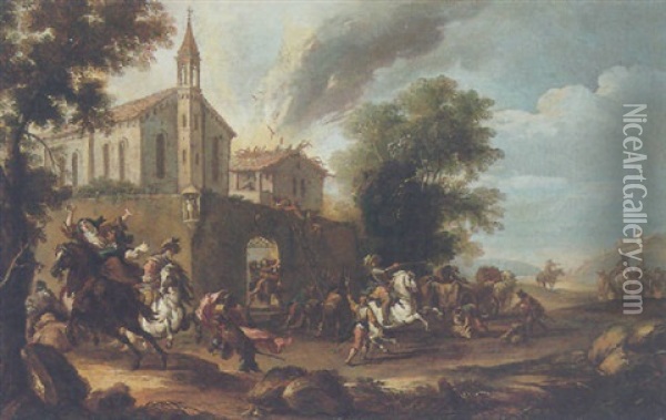 Landscape With Soldiers Looting A Nunnery Oil Painting - Pandolfo Reschi