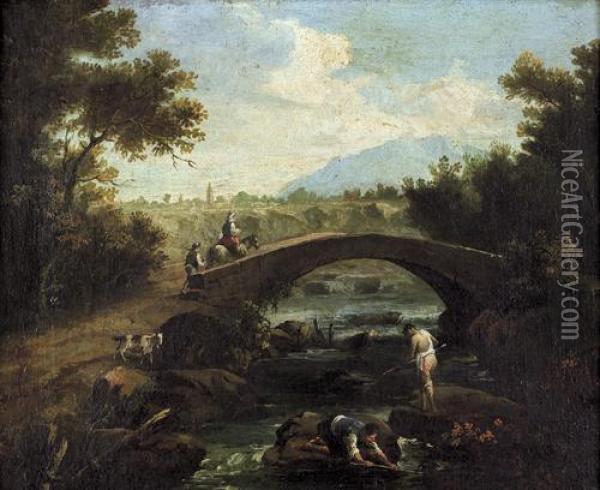 Paesaggio Fluviale Con Ponte, Viandanti E Pescatori Oil Painting - Francesco Zuccarelli