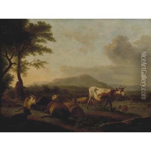 A Wooded Landscape With Cattle, Sheep And A Goat Grazing By A River Oil Painting - Balthasar Paul Ommeganck