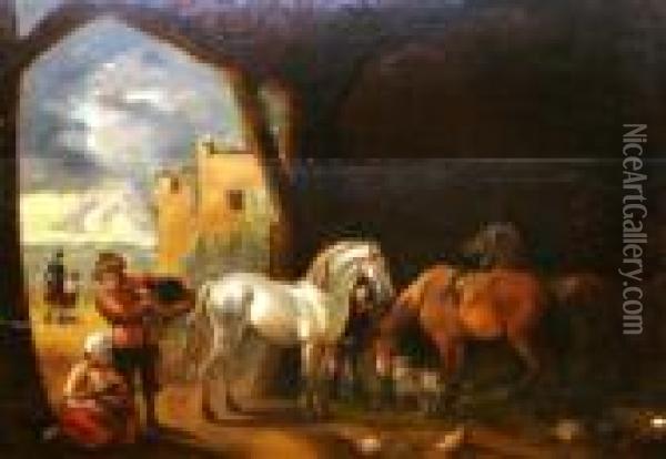 Feeding The Horses Oil Painting - George Morland