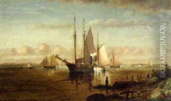 Schooners, Fishing Boats And Tug In A Harbor Oil Painting - Elisha Taylor Baker