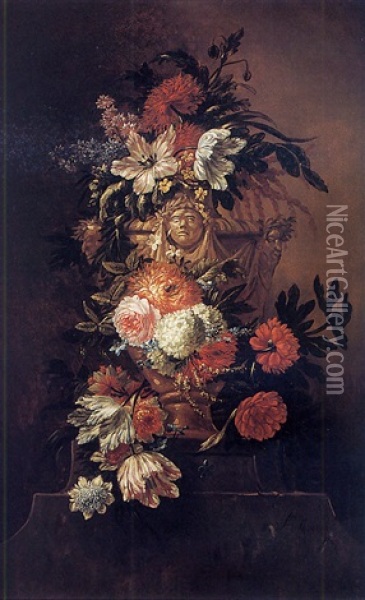 Nature Morte A La Guirlande De Fleurs Decorant Une Urne Sculptee Oil Painting - Jan-Baptiste Bosschaert