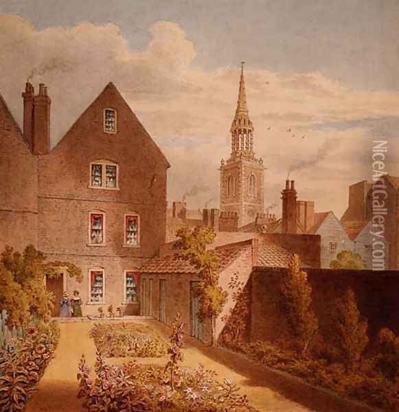 A View of Mr Upcotts House and Garden with Islington Church in the Distance, c.1835 Oil Painting - Thomas Hosmer Shepherd