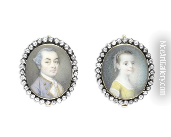 A Portrait Miniature Of Robert Harland, And An Unsigned Portrait Miniature Of His Infant Daughter, Frances (pair) Oil Painting - Gervase Spencer