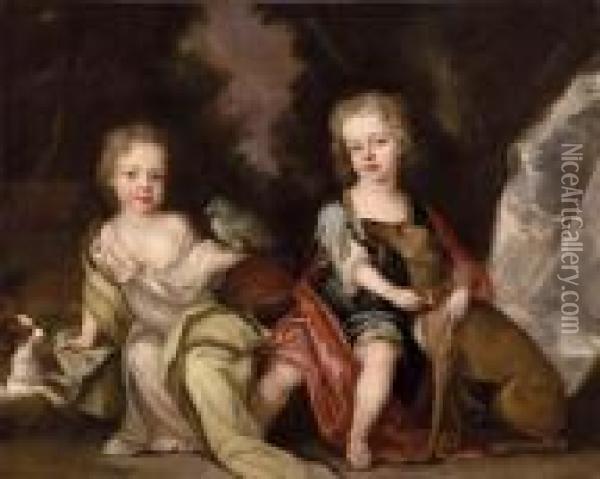 Doppio Ritratto Di Nobili Fanciulli Conpappagallo E Cane Oil Painting - Sir Peter Lely