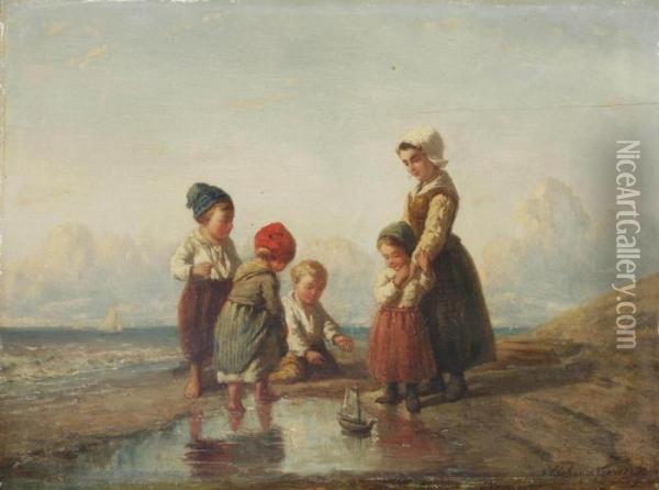 Children Playing With A Boat On The Beach Oil Painting - Elchanon Verveer
