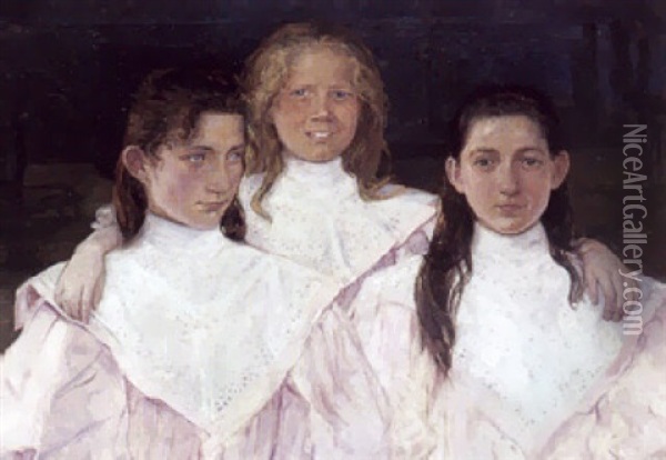 Portraet Af Tre Sostre Oil Painting - Niels Vinding Dorph