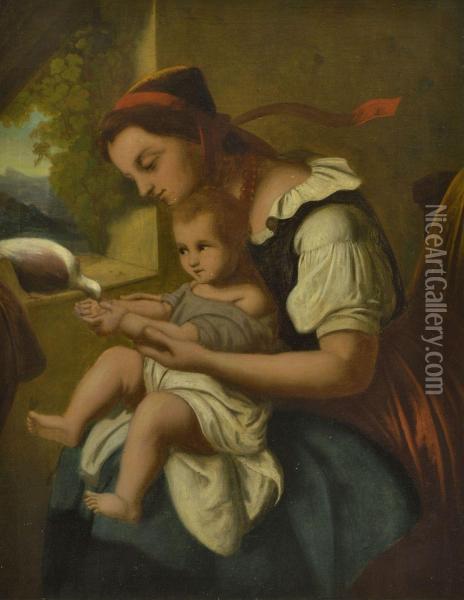 Mutter Mit Kind Beim Futtern Einer Taube Oil Painting - Friedrich Kupper