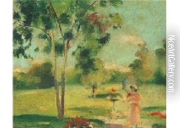 Dame Met Parasol In Een Zonbeschenen Park Oil Painting - Henri Ottmann