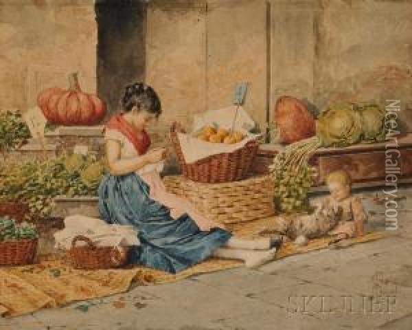 The Vegetable Seller Oil Painting - Albert Pierre Roberti