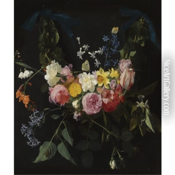 A Swag Of Flowers, Including A Provins Rose, An Austrian Briar, A White Rose, Incomparabilus Narcissus And A Hyacinth, Bound By Ivy And Suspended From Two Blue Silk Ribbons, With Butterflies And A Dragonfly Oil Painting - Daniel Seghers
