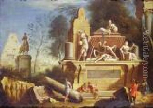 Veduta Di Fantasia Di Roma Con Il
Mausoleo Di Cesare E Figure Oil Painting - Marco Ricci