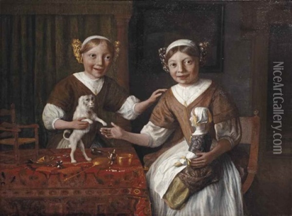 Portrait Of Two Young Girls With A Pet Dog And A Doll, Seated At A Draped Table With Toys And A Chair For The Doll Oil Painting - Lambert Doomer