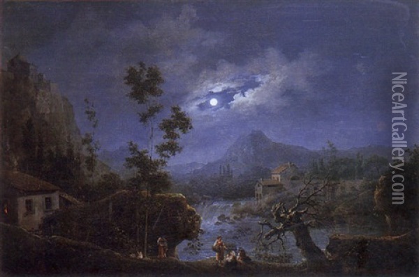 Paysage De Riviere Au Claire De Lune Oil Painting - Jules Cesar Denis van Loo
