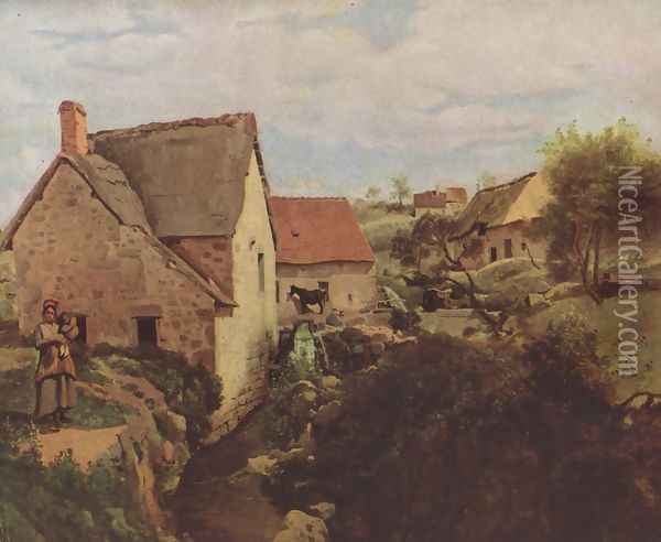 Hütten mit Mühle am Bachufer Oil Painting - Jean-Baptiste-Camille Corot
